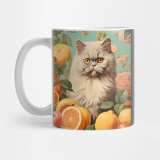 Vintage Persian Cat Collage Surrounded by Citrus Fruit - Unique Cat Art Mug